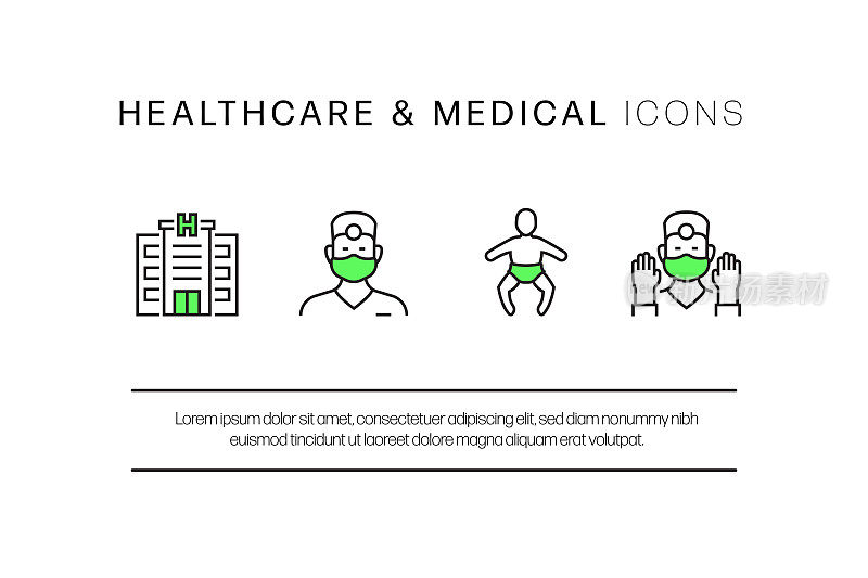 医疗保健和医疗平面线图标，轮廓矢量符号插图。