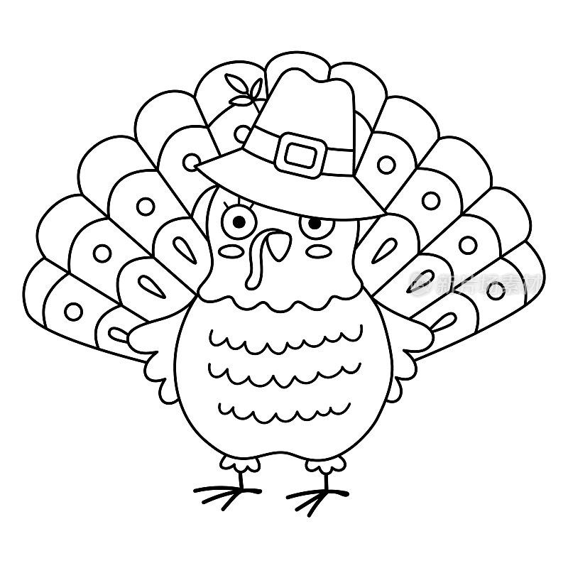 戴着朝圣者帽子的黑白感恩节火鸡。秋鸟线图标。概述秋天假期动物孤立在白色背景。
