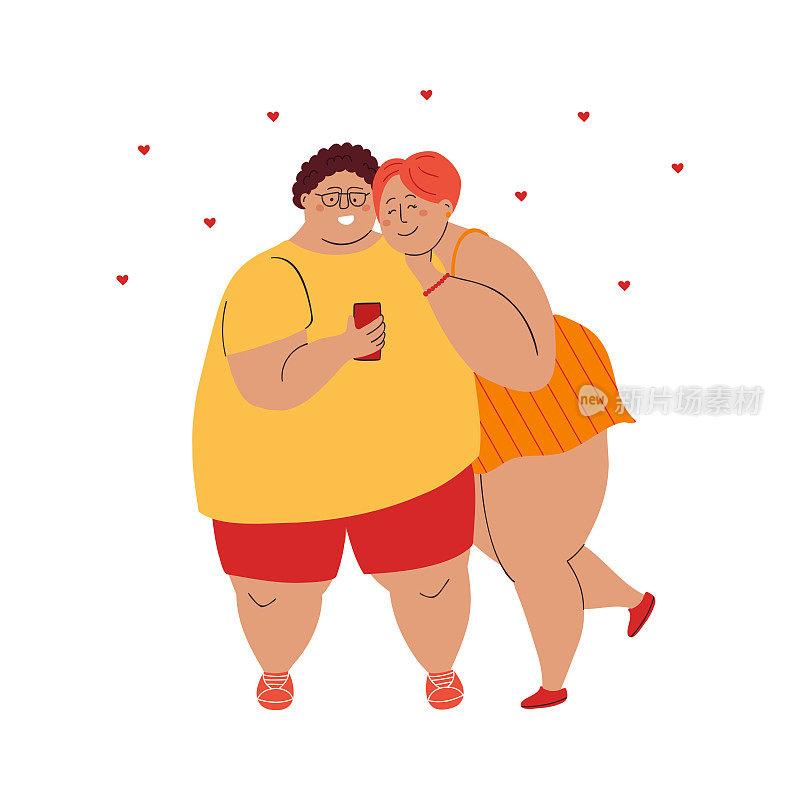 胖女人和胖男人在自拍。微笑的超重情侣在爱。身体积极的年轻人。矢量手绘平面插图