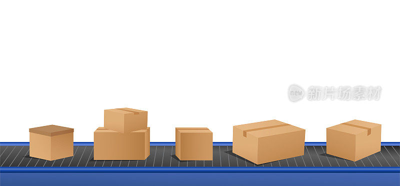在工厂、工厂或仓库使用带纸箱的传送带的概念。向量说明生产线和货物包裹移动的移动集装箱一个接一个。