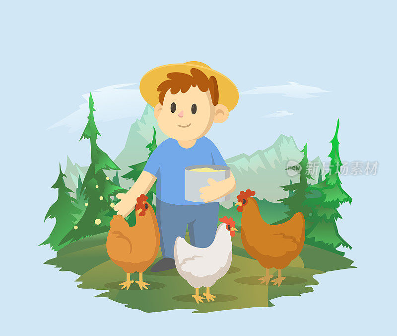 一个男孩在山景的背景上喂鸡。在田里干活的农民。矢量插图畜牧业，农业，农业旅游的主题。