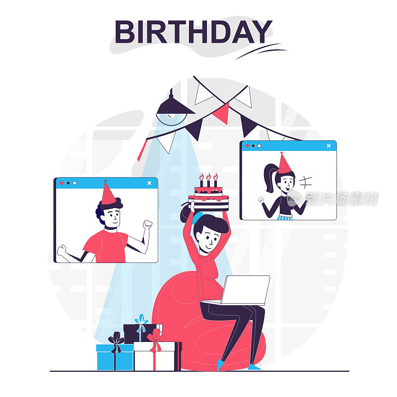 生日隔离卡通概念。女人庆祝节日与朋友视频电话，人的场景在平面设计。矢量插图博客，网站，移动应用程序，宣传材料。