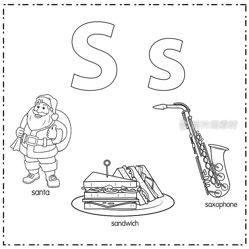 向量插图学习字母S的小写和大写的儿童与3卡通图像。圣诞老人三明治萨克斯管。
