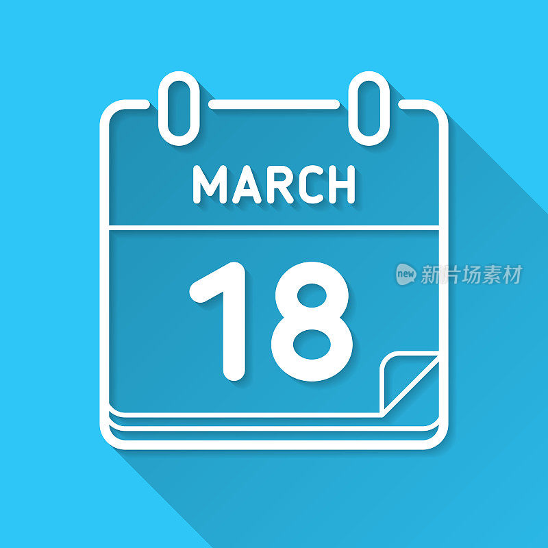 3月18日。蓝色背景上的图标-长阴影平面设计
