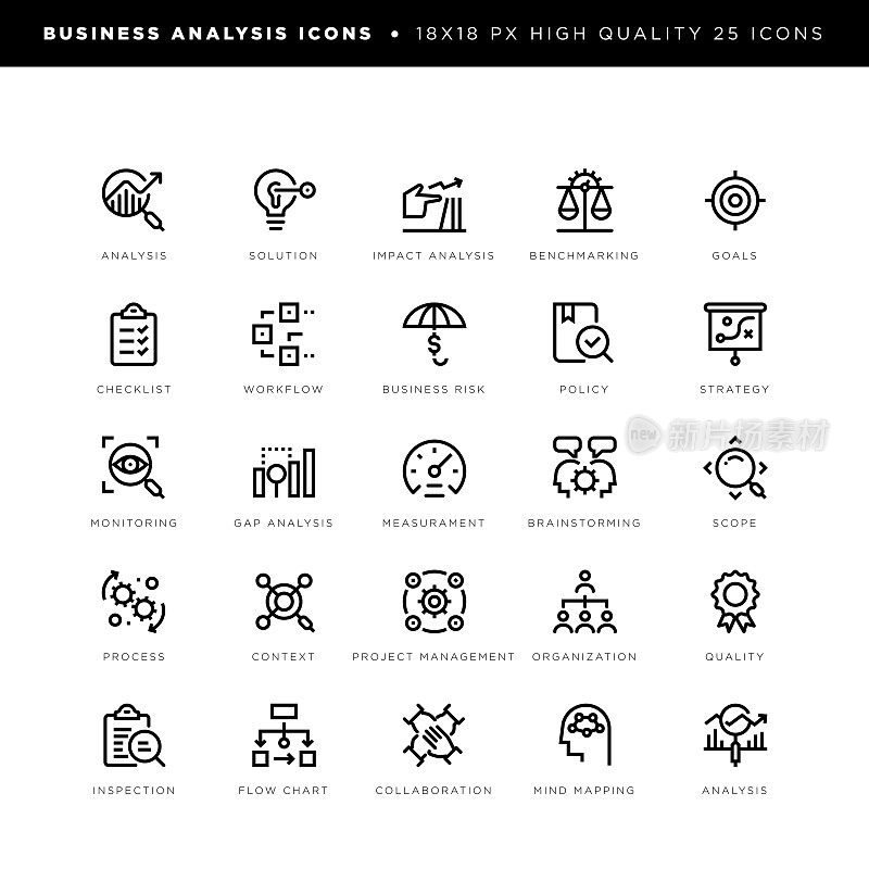 业务分析图标用于影响分析、基准测试、监视、度量、差距分析等。