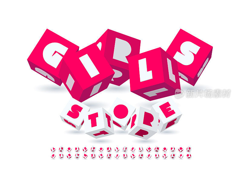 矢量时尚海报女孩商店。3D立方体字母表字母和数字集