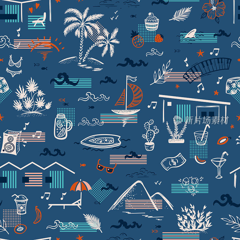 暑假主题向量蓝色无缝模式。加州建筑、自然。度假屋、海、帆船、冲浪、海浪、海滩、棕榈树、小山、植物、食品、饮料等休闲项目