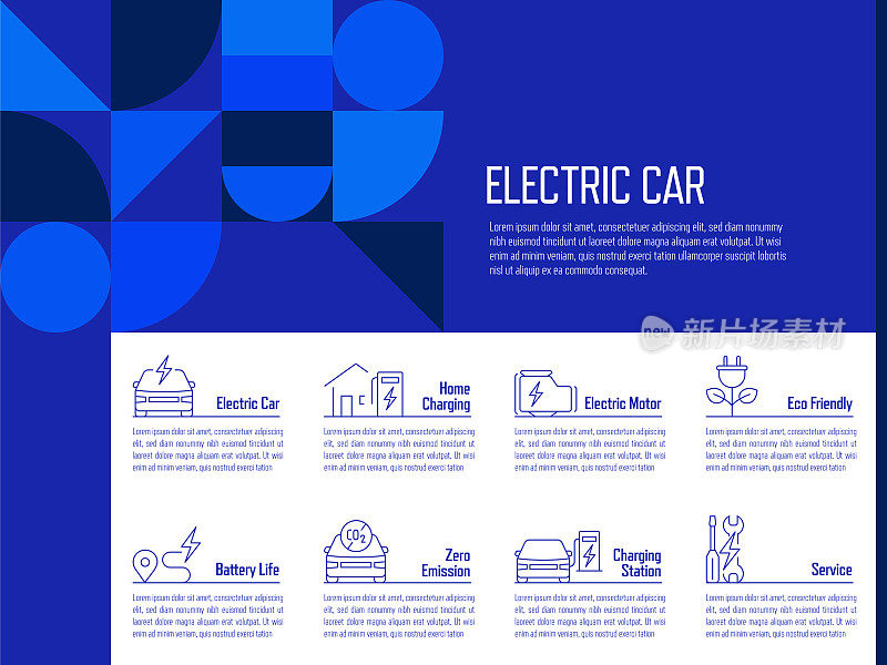 电动汽车概念矢量线信息图形设计图标。8选项或步骤的介绍，横幅，工作流程布局，流程图等。