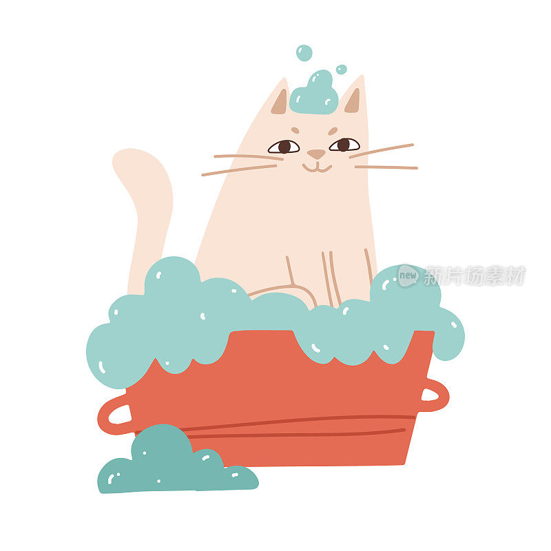 快乐的猫坐在有肥皂泡沫的浴缸里。在家或发廊洗衣服。梳理照顾家养动物宠物。平面的卡通矢量插图横幅，不干胶标签和贺卡