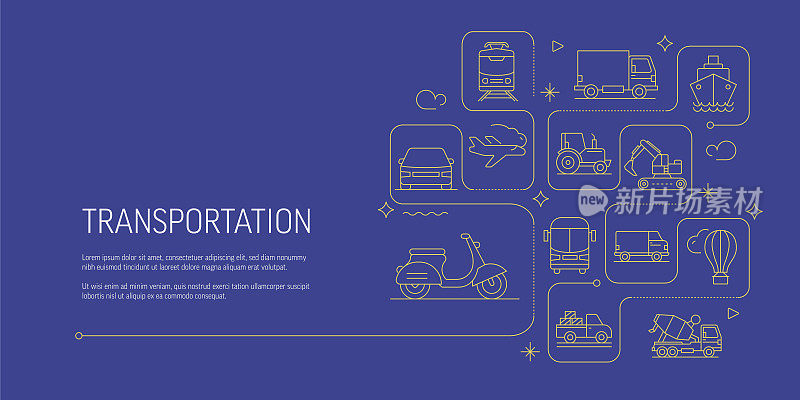 交通相关矢量横幅设计概念，现代线条风格与图标