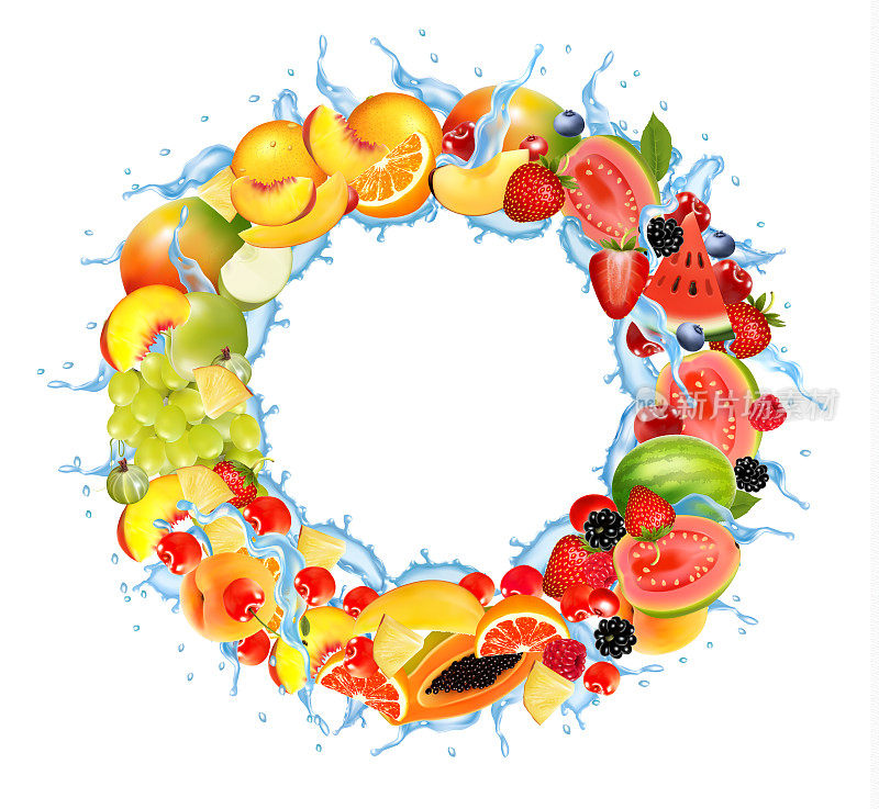 水果在水溅框架。草莓，覆盆子，蓝莓，黑莓，橘子，番石榴，西瓜，菠萝，芒果，桃子。向量。