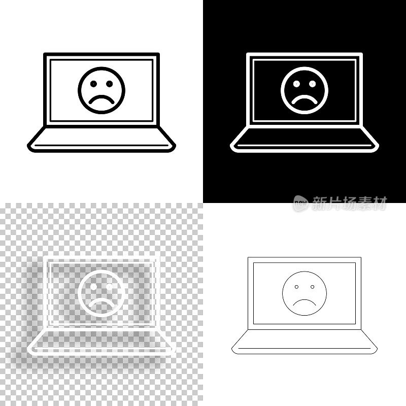 带悲伤表情的笔记本电脑。图标设计。空白，白色和黑色背景-线图标