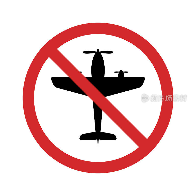 战争复古飞机剪影红色停止标志。军用老式飞机禁令标志。陆军飞机武器警告标志。飞机双翼标志。没有飞机图标。孤立的矢量图