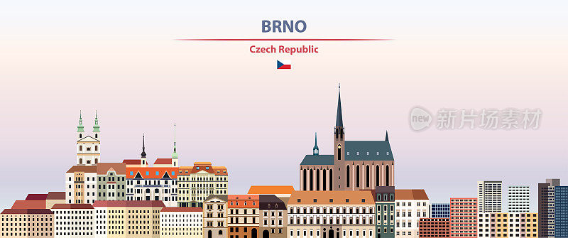 布尔诺城市景观日落天空背景矢量插图与国家和城市名称和捷克共和国的国旗