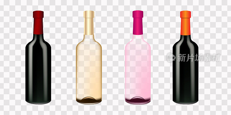 透明背景上的酒瓶，逼真的矢量模型。