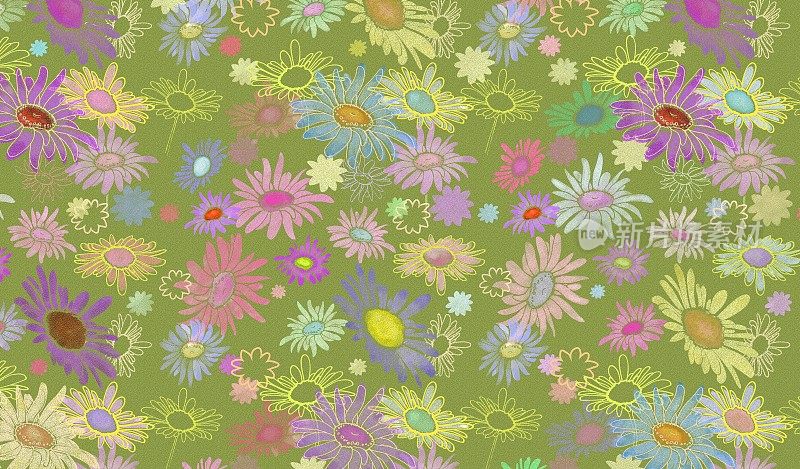 色彩斑斓的花朵在不同程度的细节粉彩风格