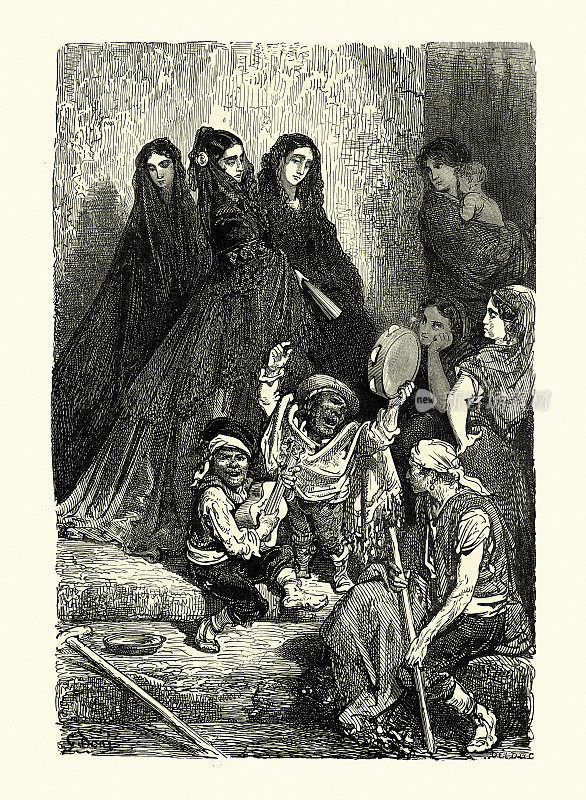 西班牙格拉纳达的妇女,听着音乐家在街上表演,西班牙文化