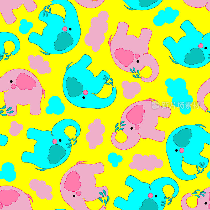 夏天五颜六色的宝宝图案，粉红色和蓝色的大象，黄色的背景。
