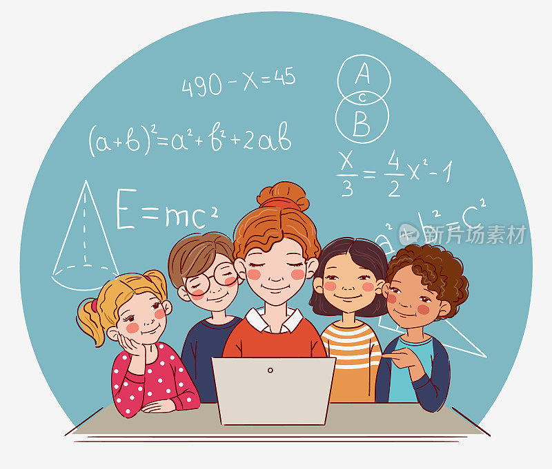一群学生和老师在教室里看着笔记本电脑