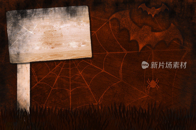 雾蒙蒙的恐怖午夜视图，空白的幽灵般的暗褐红色或棕色渐变的颜色与蜘蛛网或蜘蛛网在垃圾背景，两个飞行的蝙蝠和一只蜘蛛除了一个空白的木制垃圾标牌横幅标志在草地上
