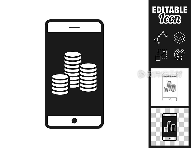 智能手机和一堆硬币。图标设计。轻松地编辑