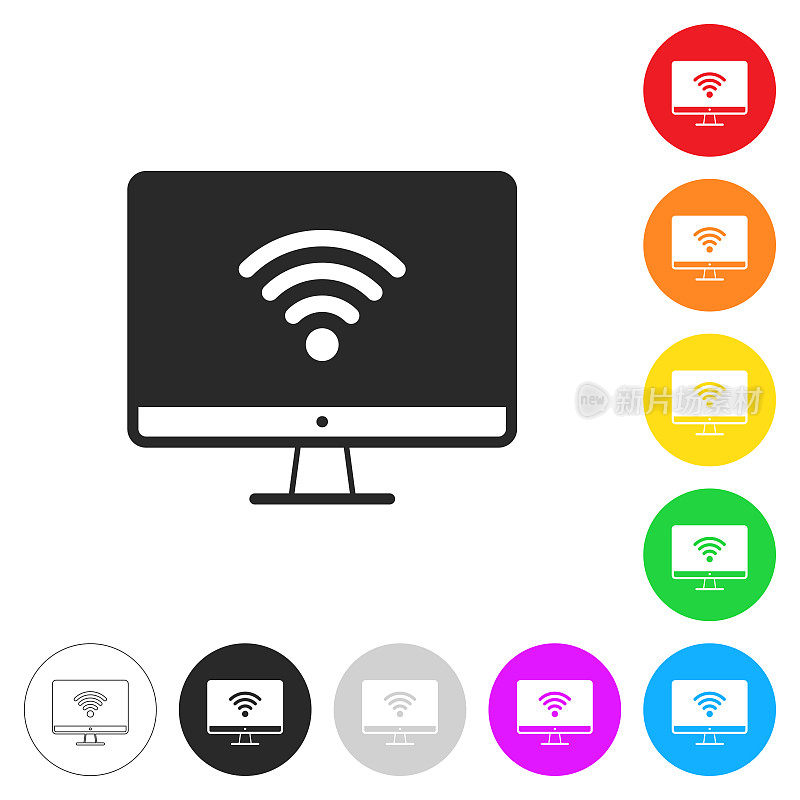 带wifi的台式电脑。彩色按钮上的图标