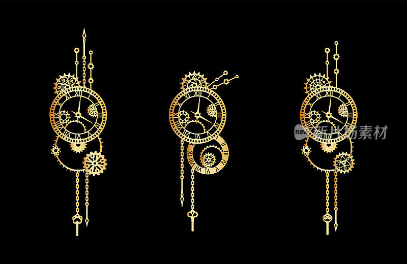 一套带有齿轮、齿轮、链条和上发条钥匙的黄金钟。蒸汽朋克