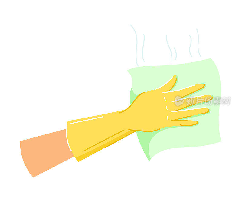 手在黄色手套清洁或擦拭表面与布矢量插图
