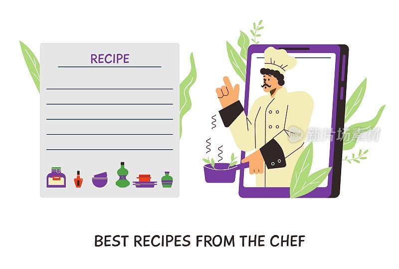 食谱页面设计与厨师厨师字符，平面矢量插图孤立。
