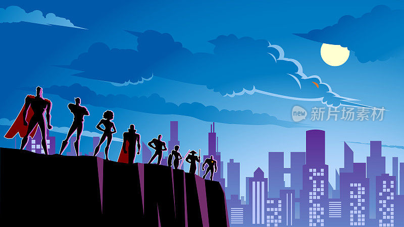 矢量超级英雄团队剪影与城市天际线背景插图