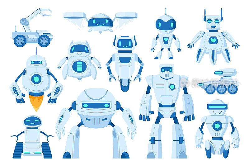 卡通机器人，数字电子人，创新技术机器。机器人，聊天机器人和无人机，机械个人助理矢量符号插图集。现代机器人集合