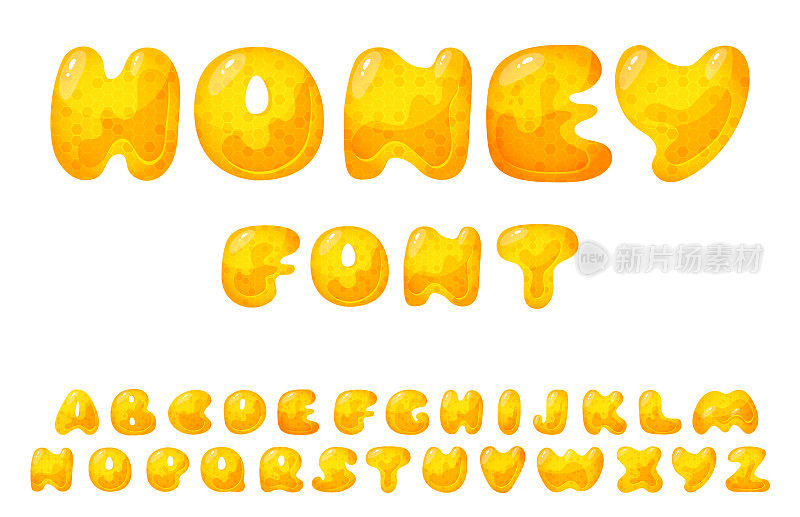 蜜甜的字体。液体蜂蜜卡通字母，黄色蜂窝状矢量字体。