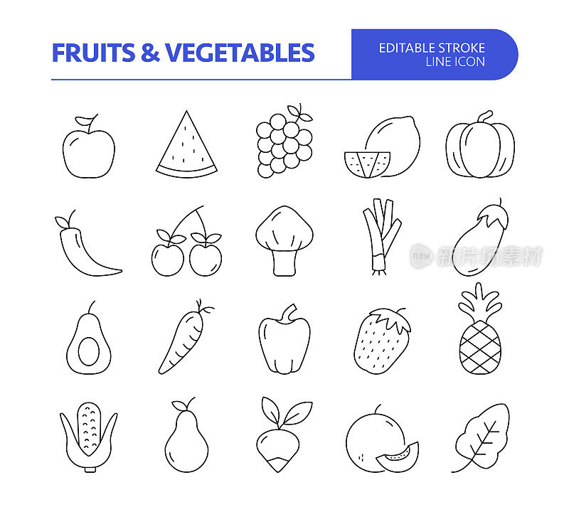 水果和蔬菜相关线矢量图标集。可编辑的中风。采购产品瓜，苹果，橘子，有机，番茄，黄瓜。