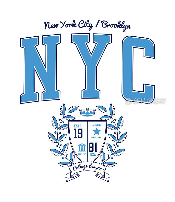 纽约大学t恤设计盾牌和月桂花环。纽约，布鲁克林t恤，大学风格的运动服装印花。向量。