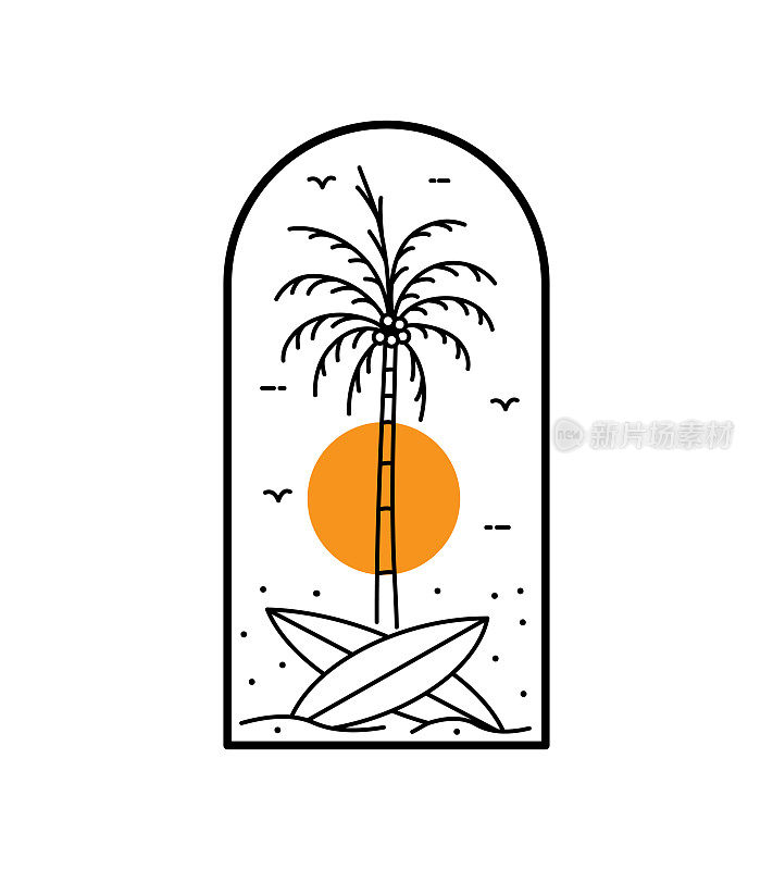 海滩景色与棕榈树和冲浪板在单线艺术，贴片徽章设计，徽章设计，t恤设计