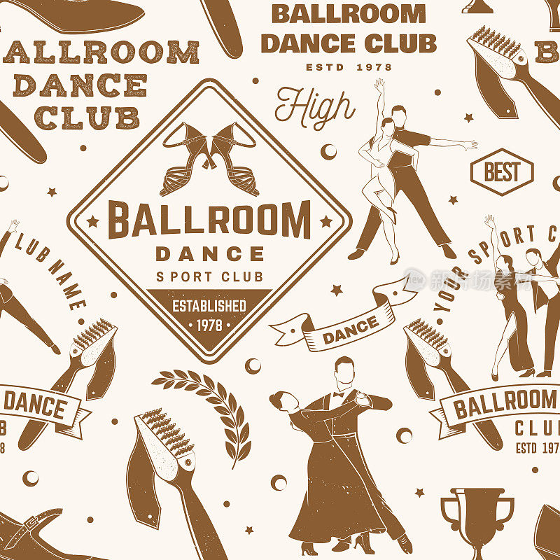 集交际舞运动俱乐部无缝模式。概念舞者运动图案背景或墙纸。舞蹈运动贴纸与交际舞鞋，男人和女人剪影。向量。