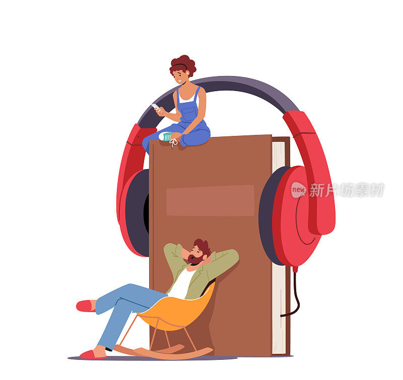 一男一女戴着耳机坐在大书里听网络故事。在线图书馆,电子书