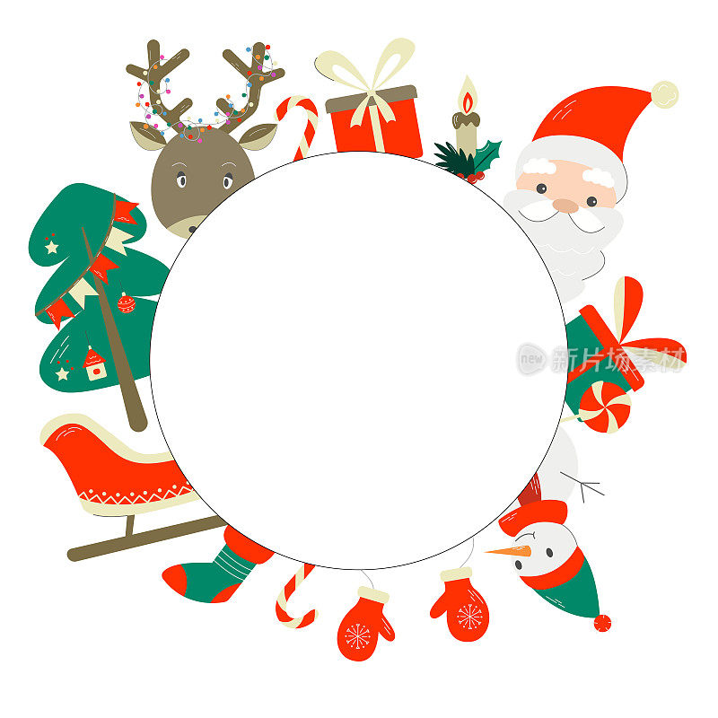 圣诞祝福框架的传统符号-雪人，圣诞老人，驯鹿，树，礼物和雪橇。矢量插图在平面卡通风格，孤立的白色背景。节日的概念。