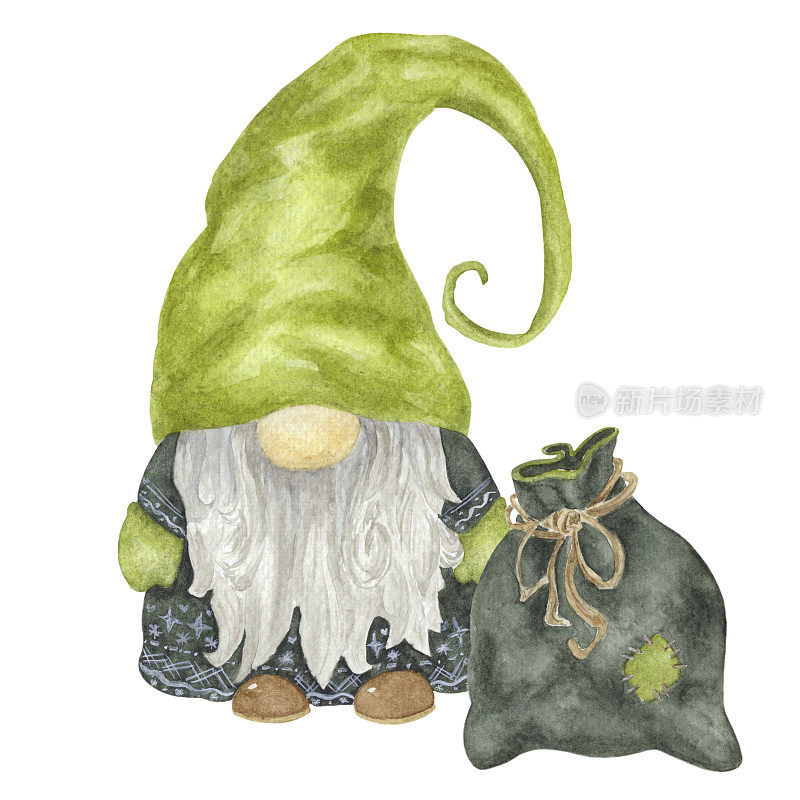 圣诞老人的助手，穿着点缀的翡翠套装，戴着帽子和手套，带着装满礼物的袋子