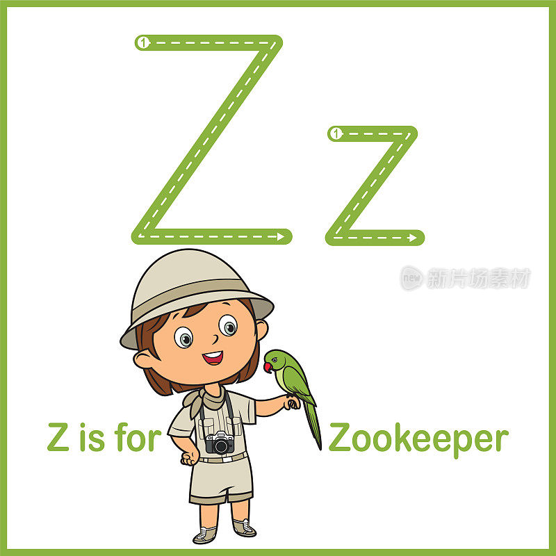 抽认卡上的字母Z是Zookeeper矢量插图