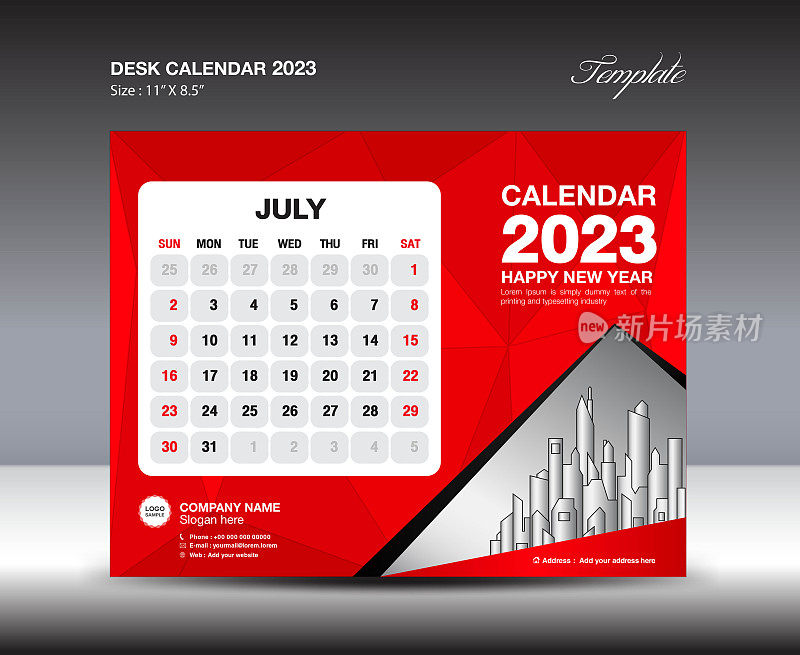 2023年7月模板-台历2023年模板，2023年挂历2023年，周开始周日，记事本设计，文具设计，传单设计，印刷媒体，红色多边形背景矢量