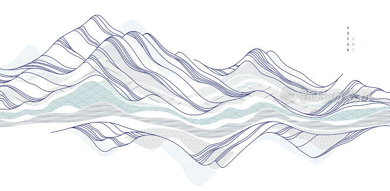 抽象的东方日本艺术矢量背景，传统风格的设计，波浪形状和山脉地形景观，流动如海的线条。