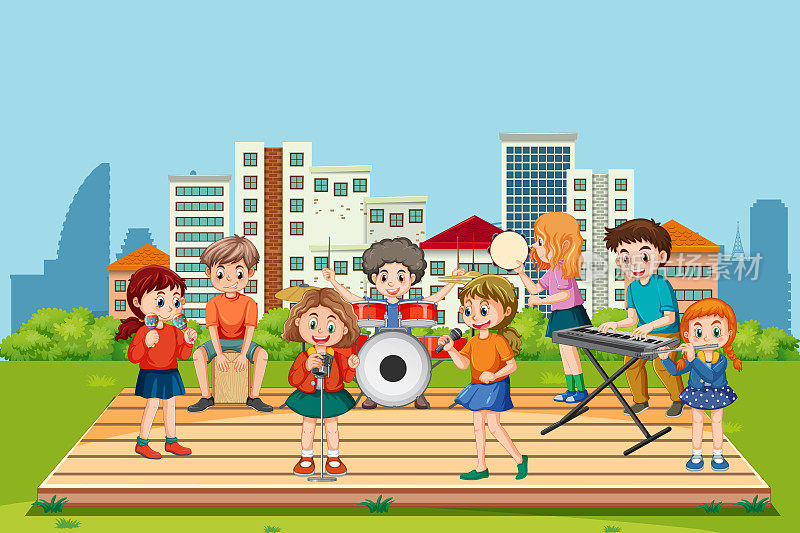 孩子们在公园里演奏乐器