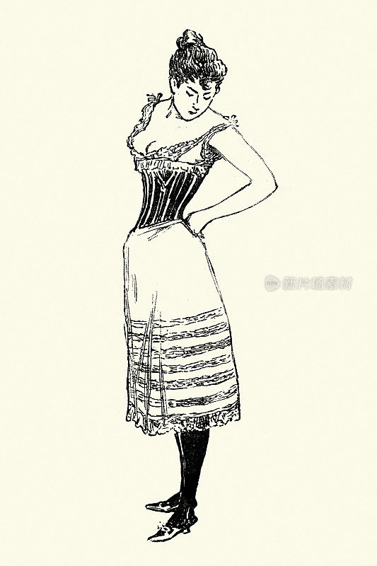 年轻女子穿衣服，紧身胸衣，长筒袜，维多利亚，法国，19世纪