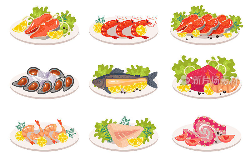 鱼类海鲜三文鱼、虾、牡蛎、金枪鱼、罗非鱼、章鱼、鱿鱼、触须菜餐隔离套。烹饪食材餐厅菜单概念。矢量卡通平面设计元素说明