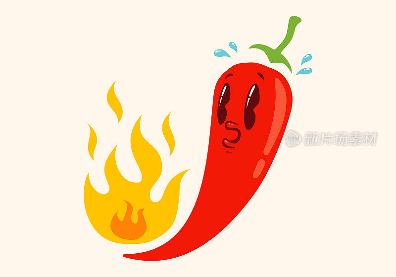 矢量插图的辣味辣椒与火焰在复古风格。墨西哥菜或泰国菜用的卡通红辣椒。