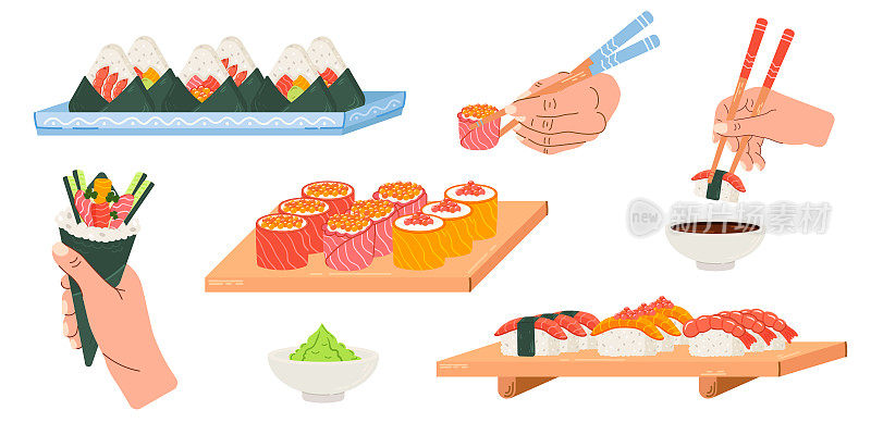 亚洲食物的插图。手绘的temaki在手，寿司盘，饭团和酱油的插图。