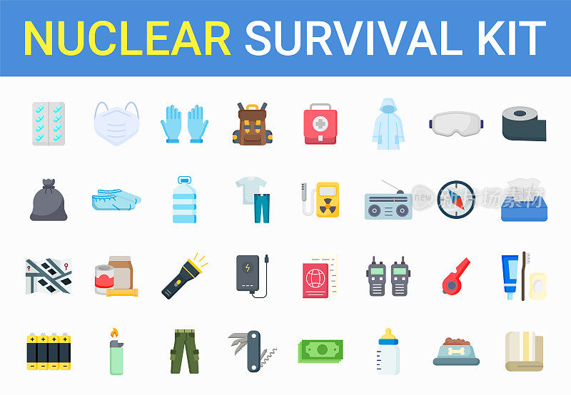 一套32核生存工具包图标。生存，战争，紧急情况，援助，背包，灾难。彩色平面图标的集合。