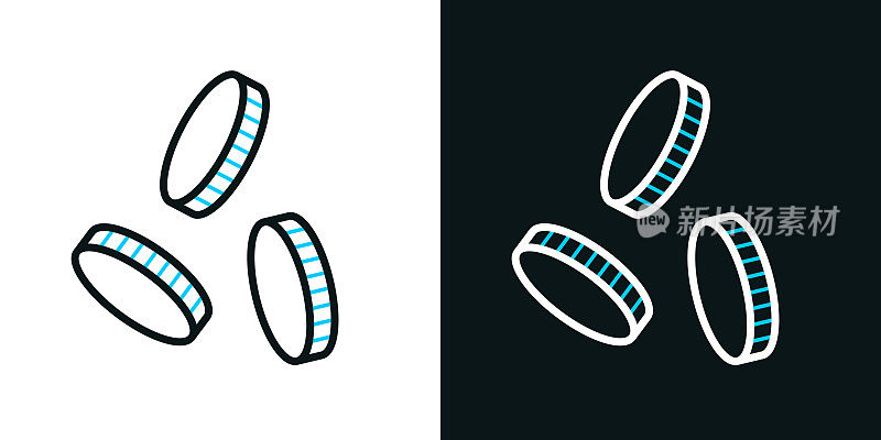 硬币下降。黑色或白色背景上的双色线图标-可编辑的笔画