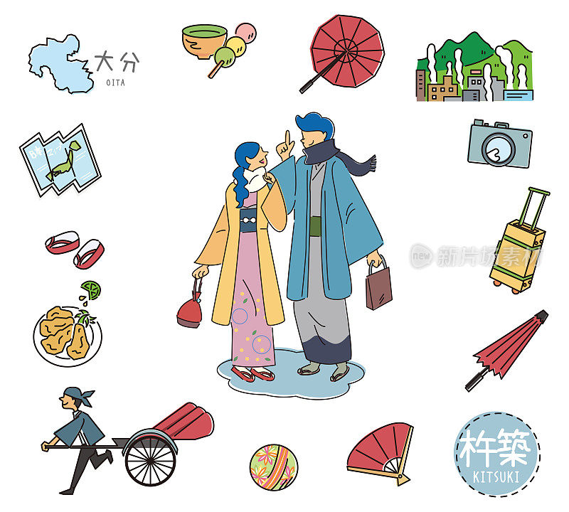 日本大分市Kitsuki著名景点的一组和服情侣(线条画)